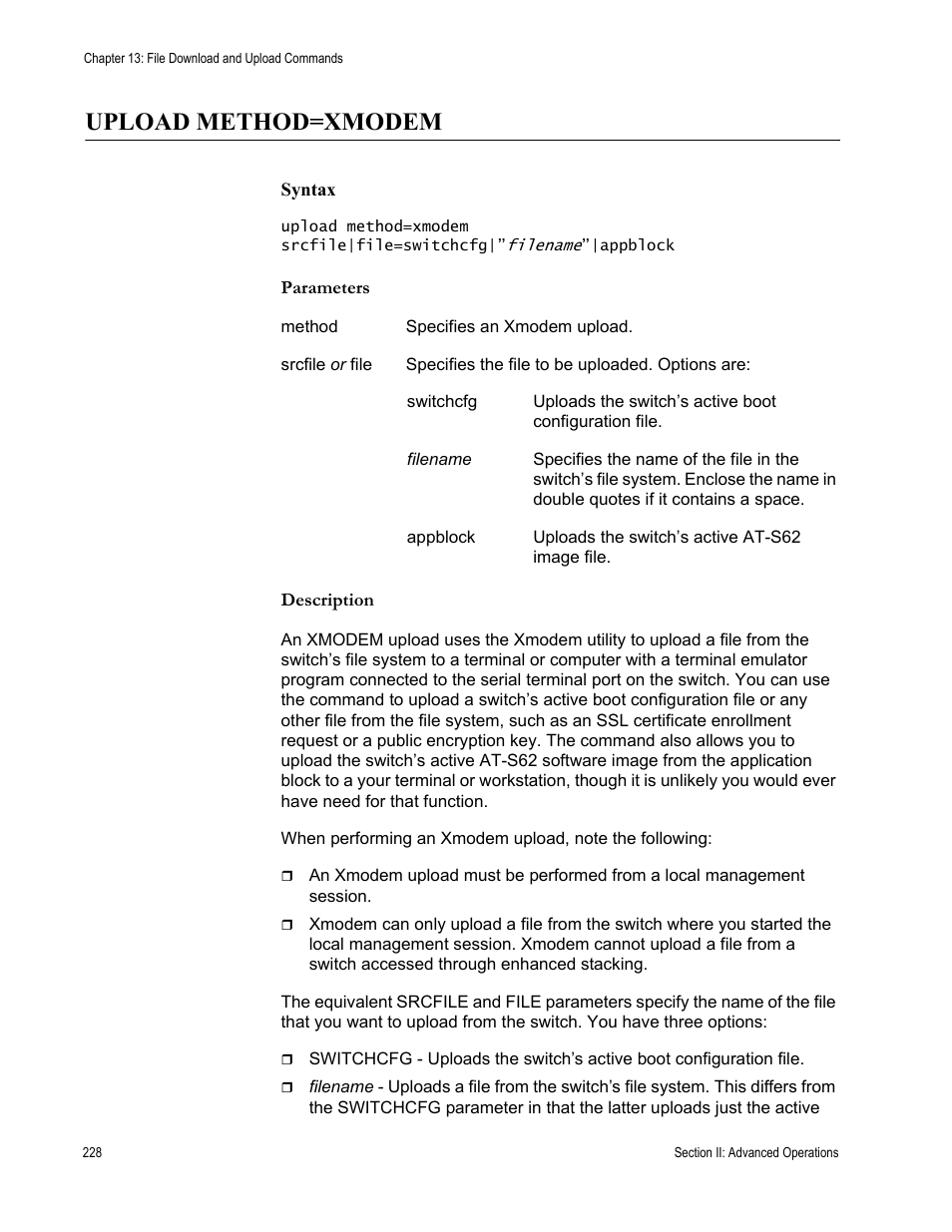 Upload method=xmodem | Allied Telesis AT-S62 User Manual | Page 228 / 656
