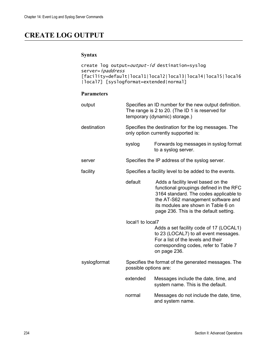 Create log output | Allied Telesis AT-S62 User Manual | Page 234 / 656