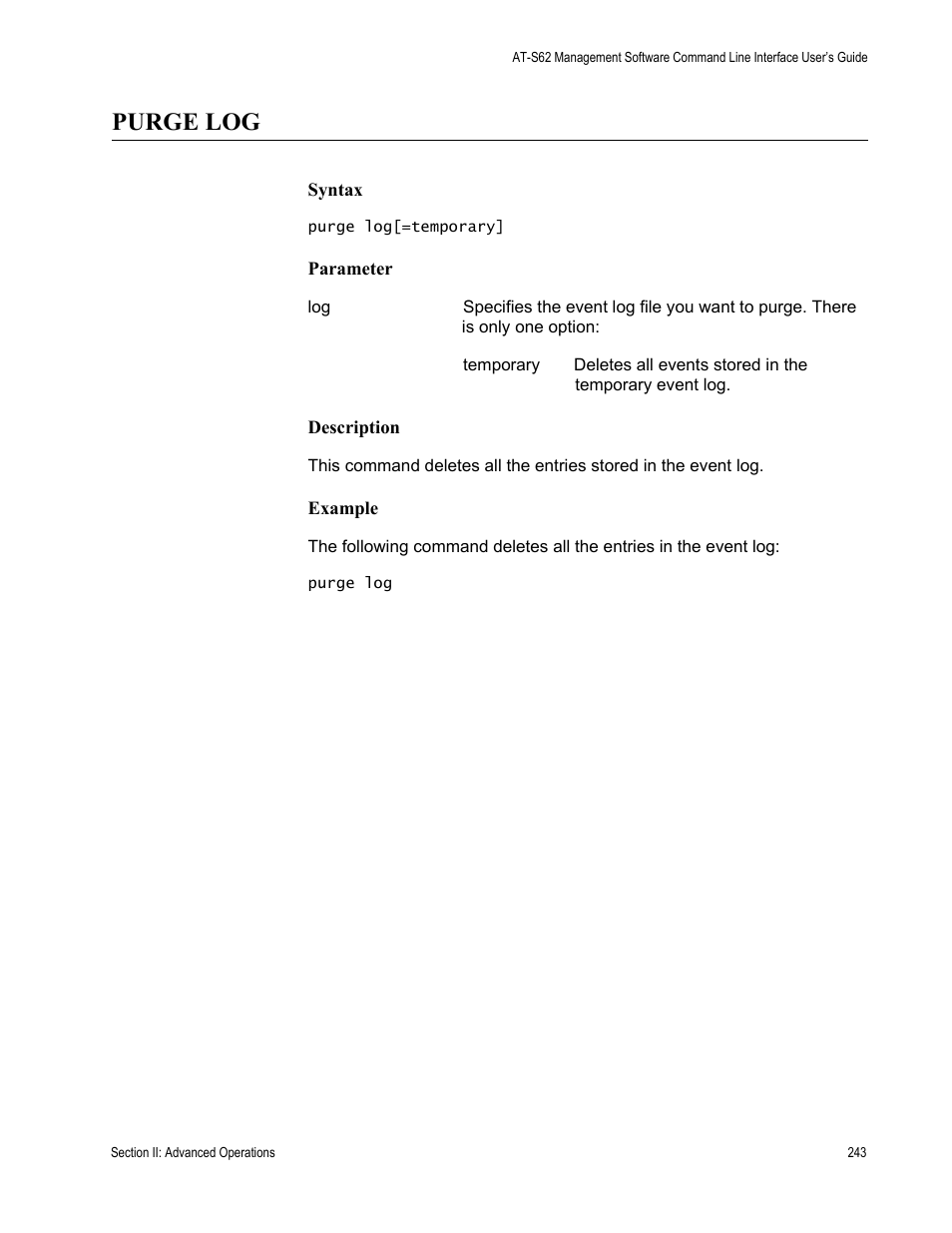 Purge log | Allied Telesis AT-S62 User Manual | Page 243 / 656