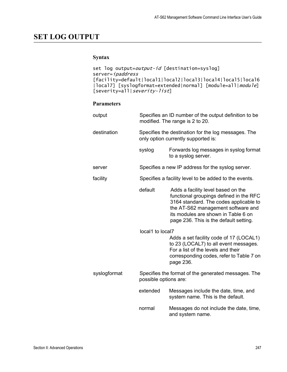 Set log output | Allied Telesis AT-S62 User Manual | Page 247 / 656