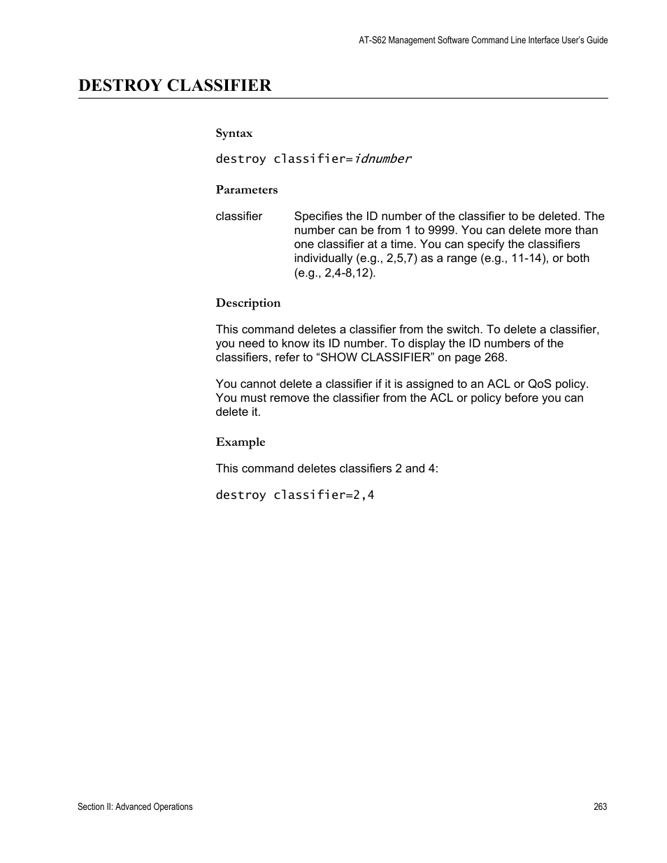 Destroy classifier | Allied Telesis AT-S62 User Manual | Page 263 / 656