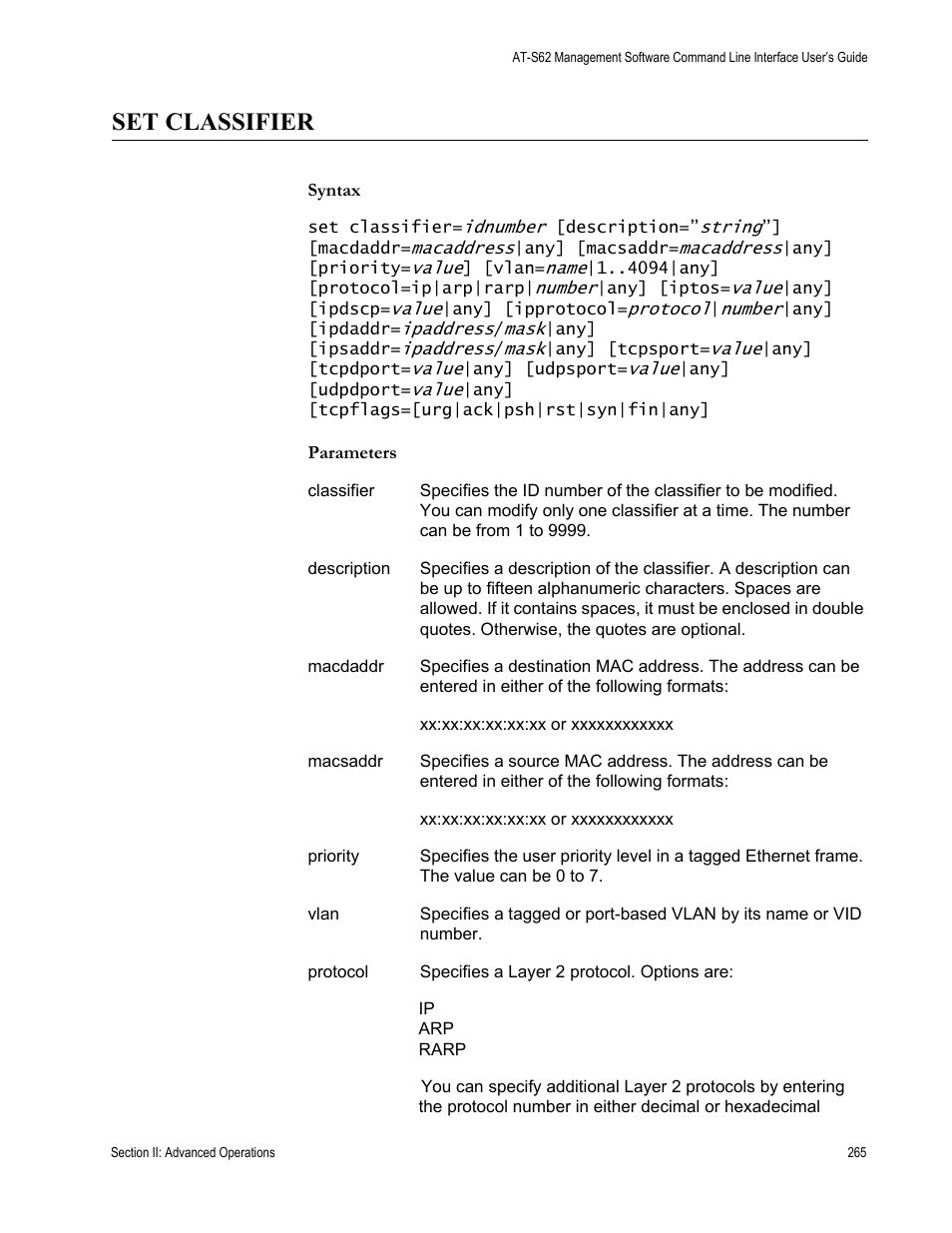 Set classifier | Allied Telesis AT-S62 User Manual | Page 265 / 656