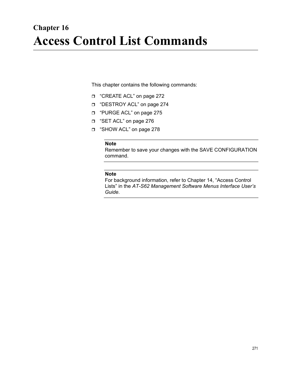 Chapter 16, Access control list commands | Allied Telesis AT-S62 User Manual | Page 271 / 656