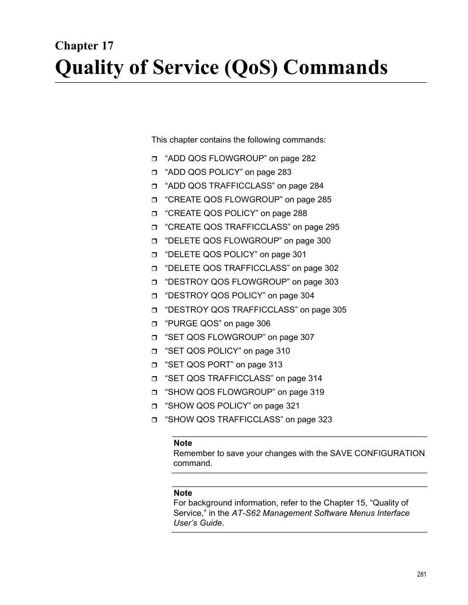 Chapter 17, Quality of service (qos) commands | Allied Telesis AT-S62 User Manual | Page 281 / 656