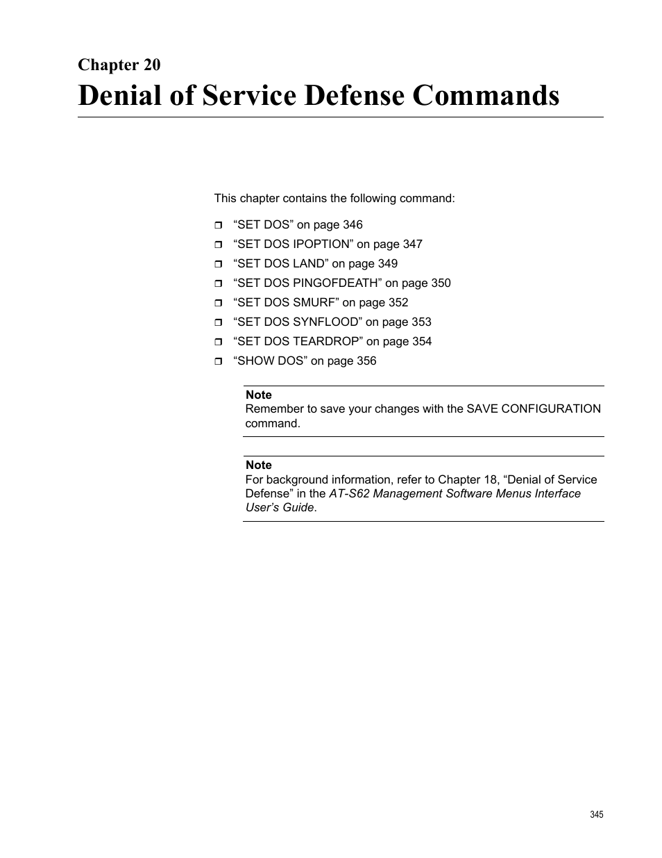 Chapter 20, Denial of service defense commands | Allied Telesis AT-S62 User Manual | Page 345 / 656