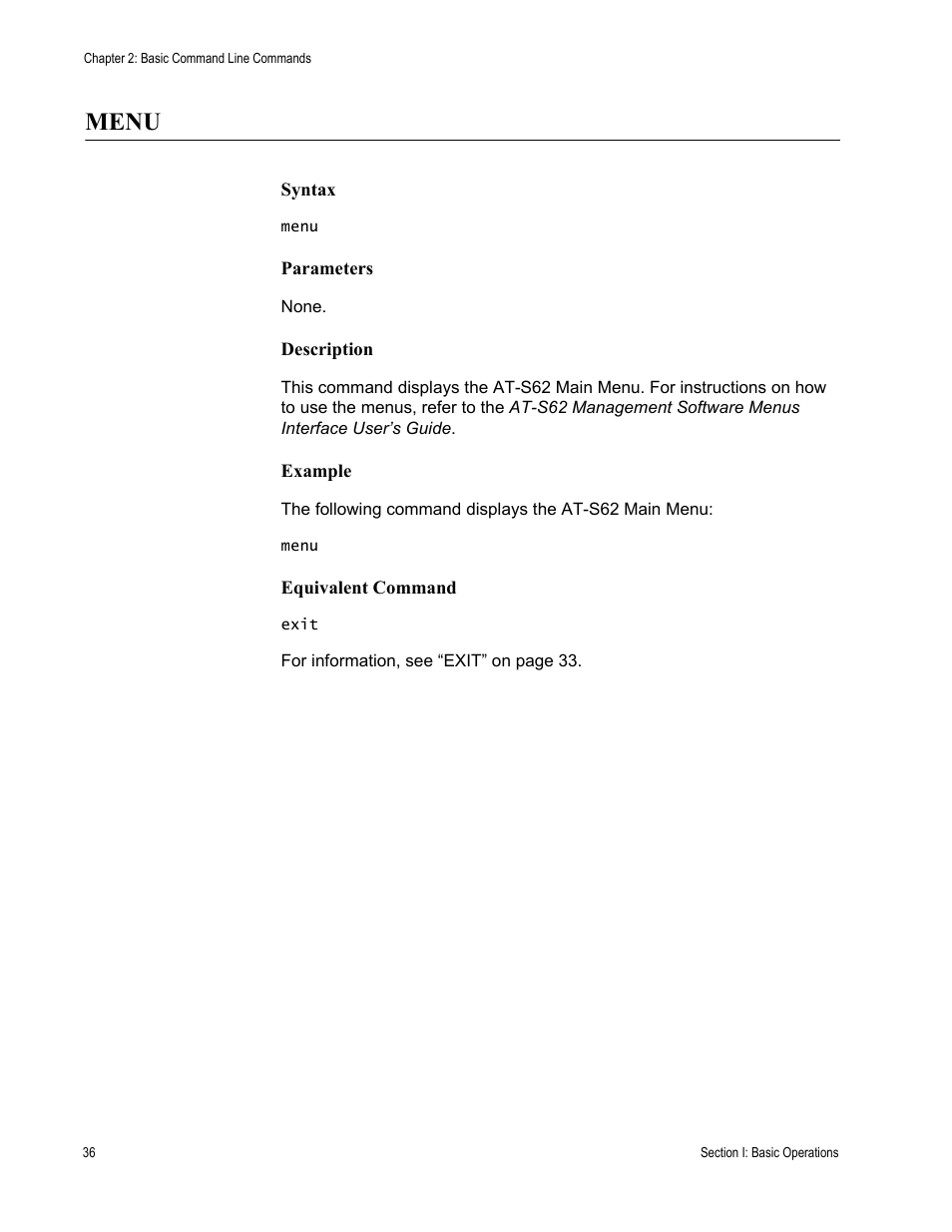 Menu | Allied Telesis AT-S62 User Manual | Page 36 / 656