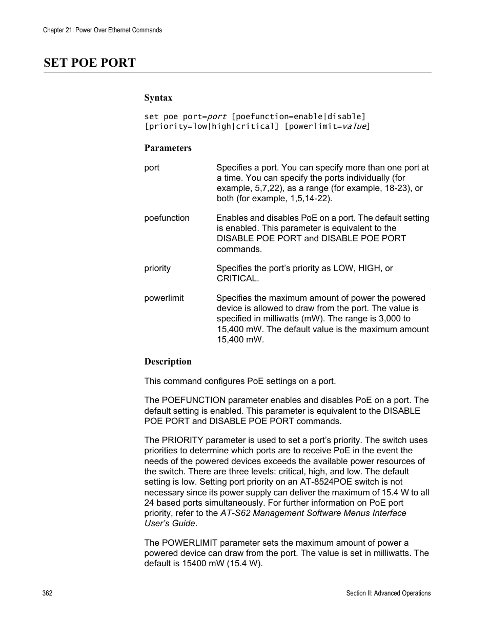 Set poe port | Allied Telesis AT-S62 User Manual | Page 362 / 656