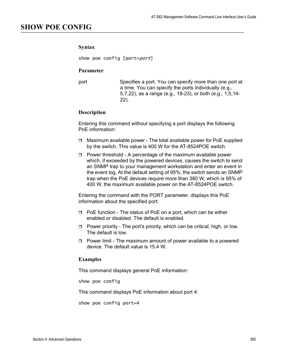 Show poe config | Allied Telesis AT-S62 User Manual | Page 365 / 656