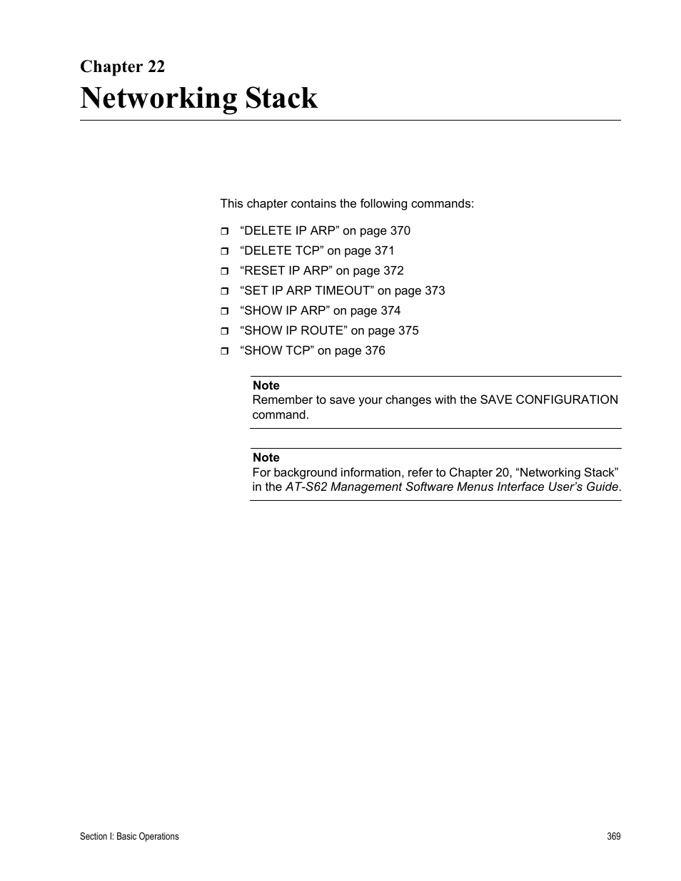 Chapter 22, Networking stack | Allied Telesis AT-S62 User Manual | Page 369 / 656