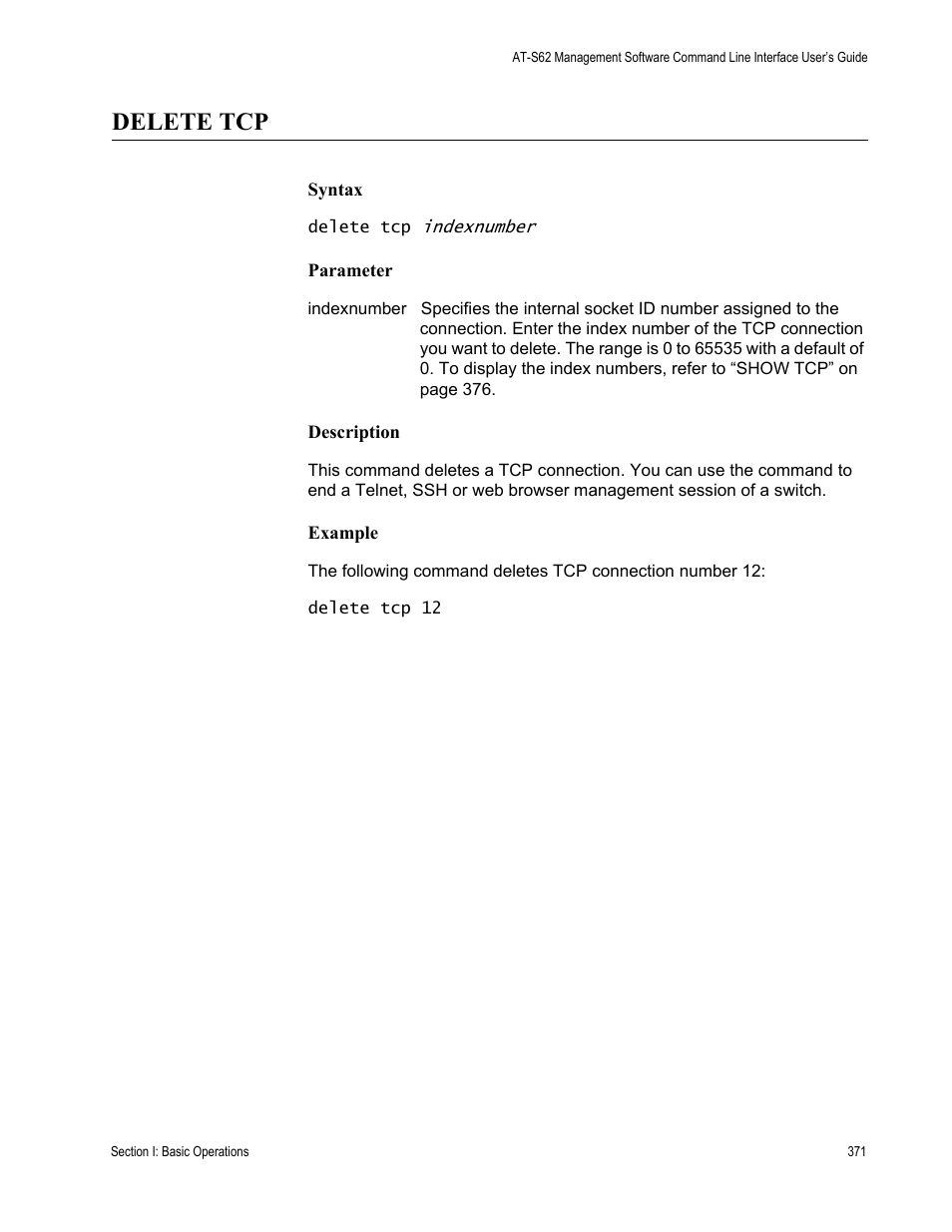 Delete tcp | Allied Telesis AT-S62 User Manual | Page 371 / 656