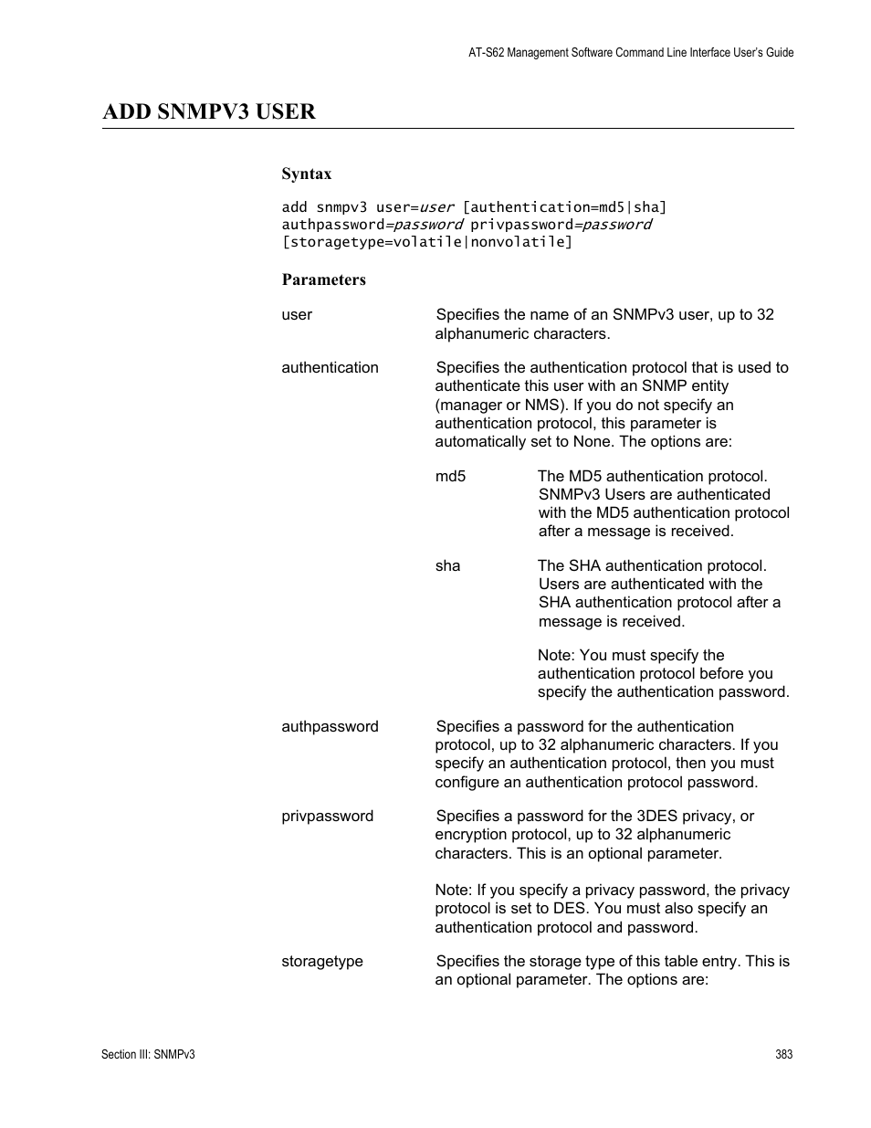 Add snmpv3 user | Allied Telesis AT-S62 User Manual | Page 383 / 656