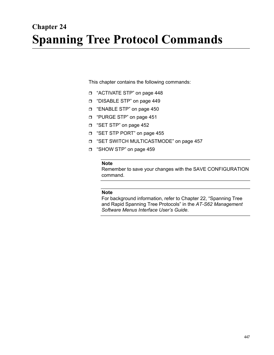 Chapter 24, Spanning tree protocol commands | Allied Telesis AT-S62 User Manual | Page 447 / 656