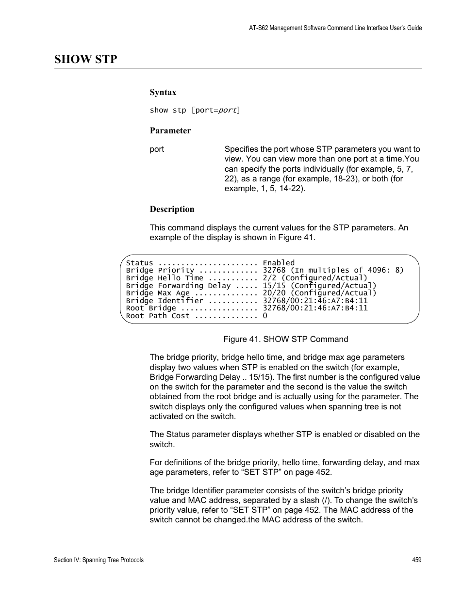 Show stp | Allied Telesis AT-S62 User Manual | Page 459 / 656