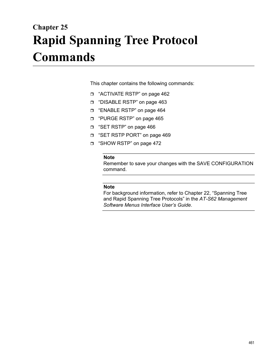 Chapter 25, Rapid spanning tree protocol commands | Allied Telesis AT-S62 User Manual | Page 461 / 656