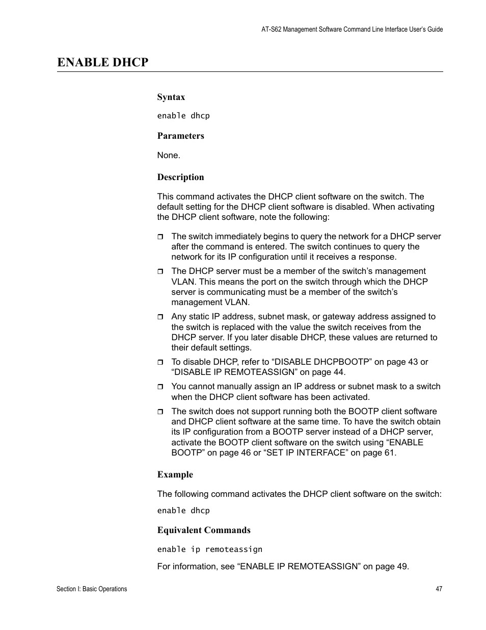 Enable dhcp | Allied Telesis AT-S62 User Manual | Page 47 / 656