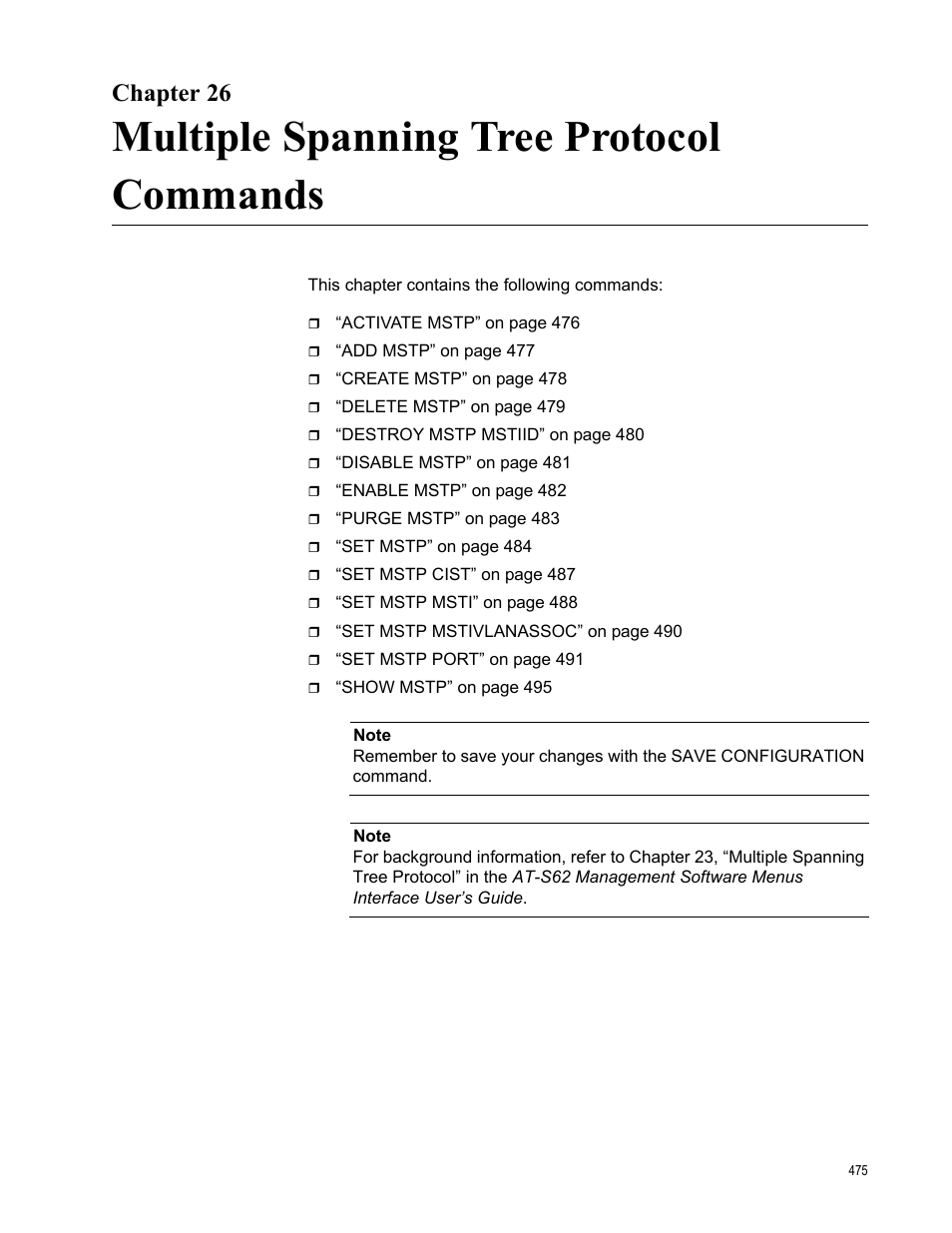 Chapter 26, Multiple spanning tree protocol commands | Allied Telesis AT-S62 User Manual | Page 475 / 656