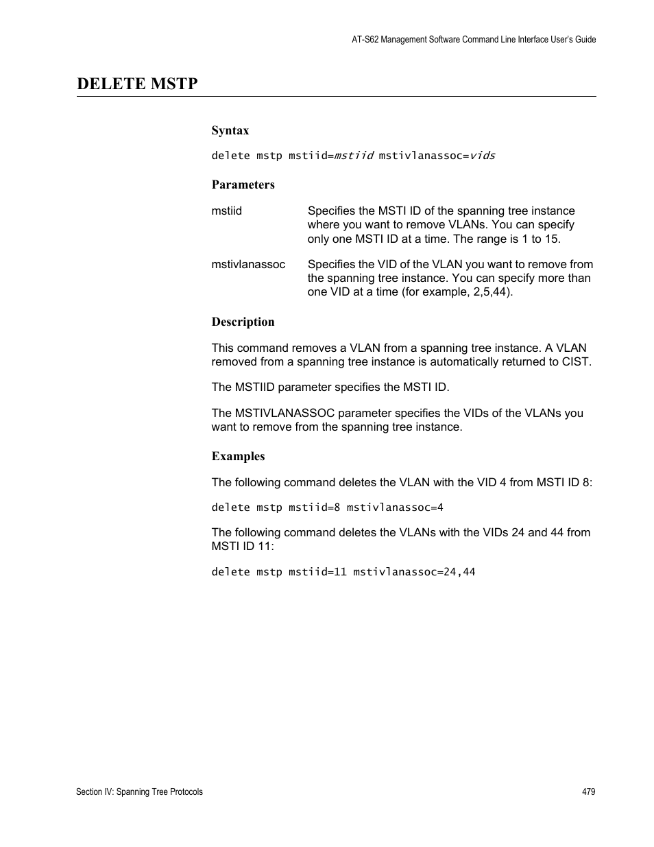 Delete mstp | Allied Telesis AT-S62 User Manual | Page 479 / 656