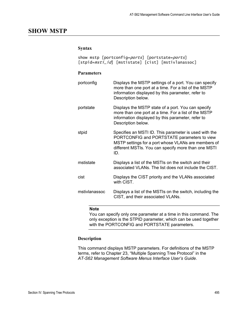 Show mstp | Allied Telesis AT-S62 User Manual | Page 495 / 656