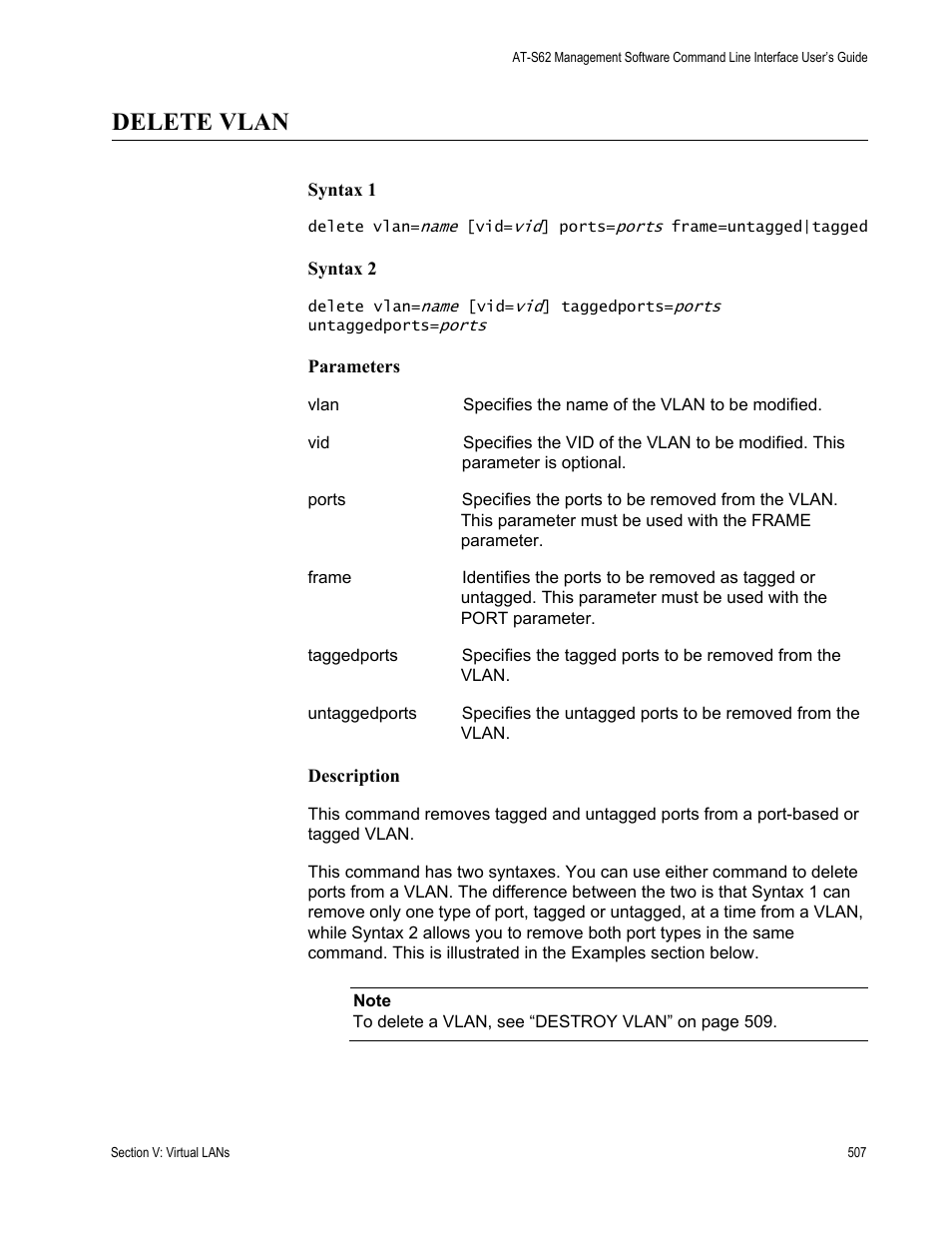 Delete vlan | Allied Telesis AT-S62 User Manual | Page 507 / 656