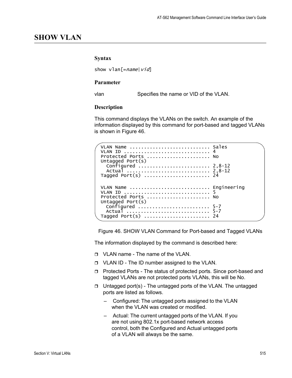 Show vlan | Allied Telesis AT-S62 User Manual | Page 515 / 656