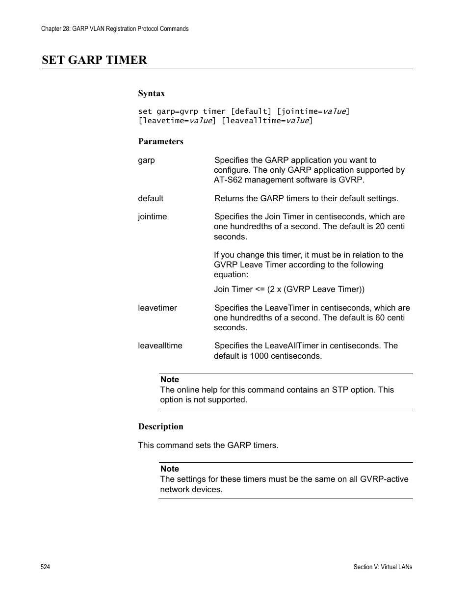 Set garp timer | Allied Telesis AT-S62 User Manual | Page 524 / 656