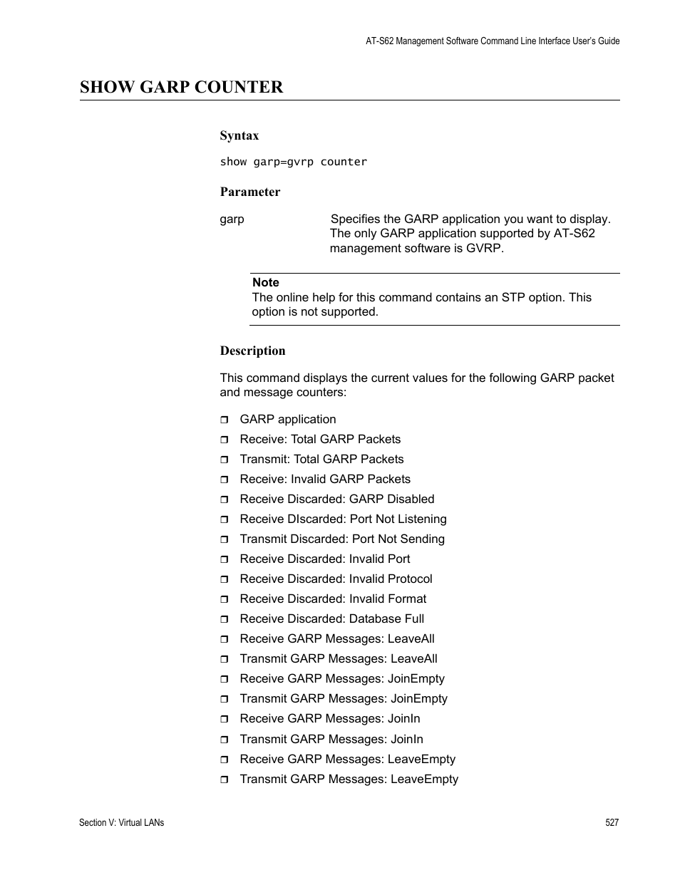 Show garp counter | Allied Telesis AT-S62 User Manual | Page 527 / 656