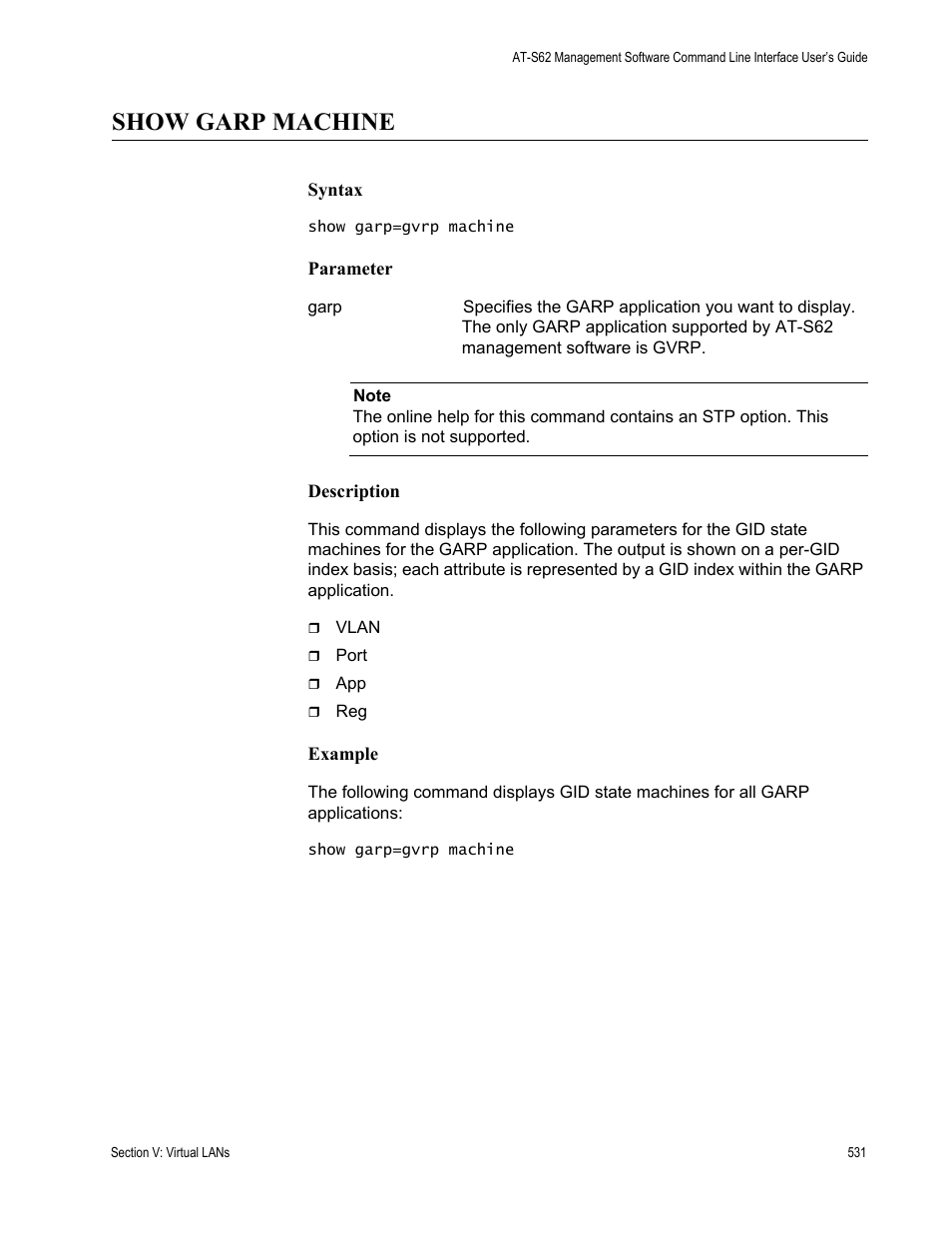 Show garp machine | Allied Telesis AT-S62 User Manual | Page 531 / 656