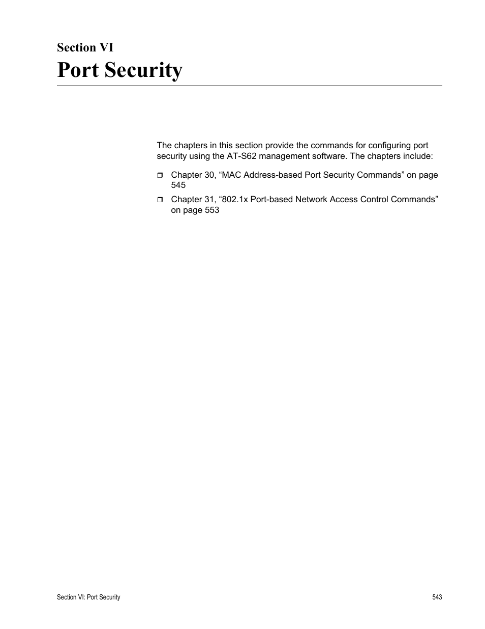 Section vi, Port security, Section vi: port security | Allied Telesis AT-S62 User Manual | Page 543 / 656