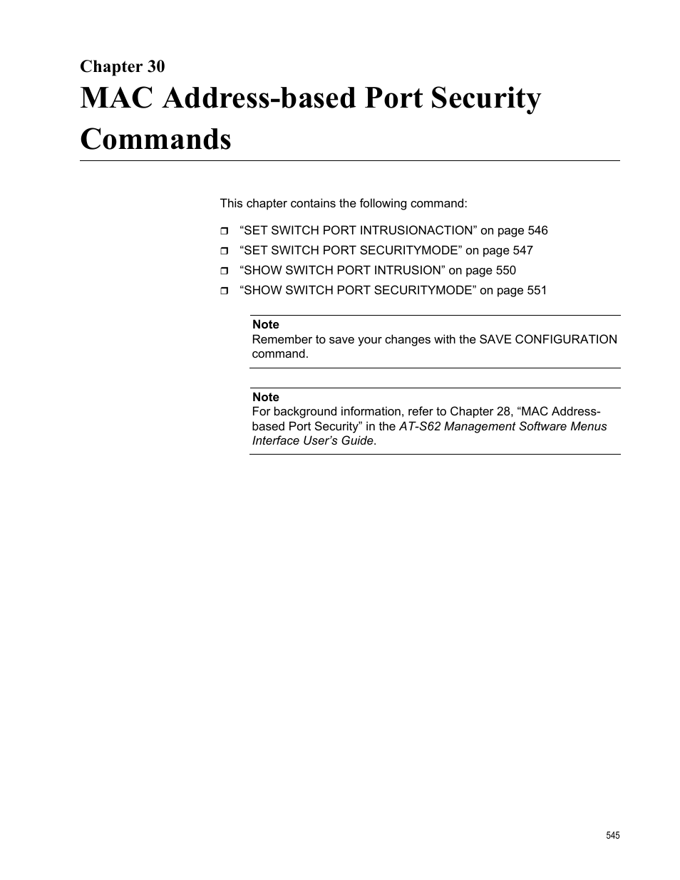 Chapter 30, Mac address-based port security commands | Allied Telesis AT-S62 User Manual | Page 545 / 656