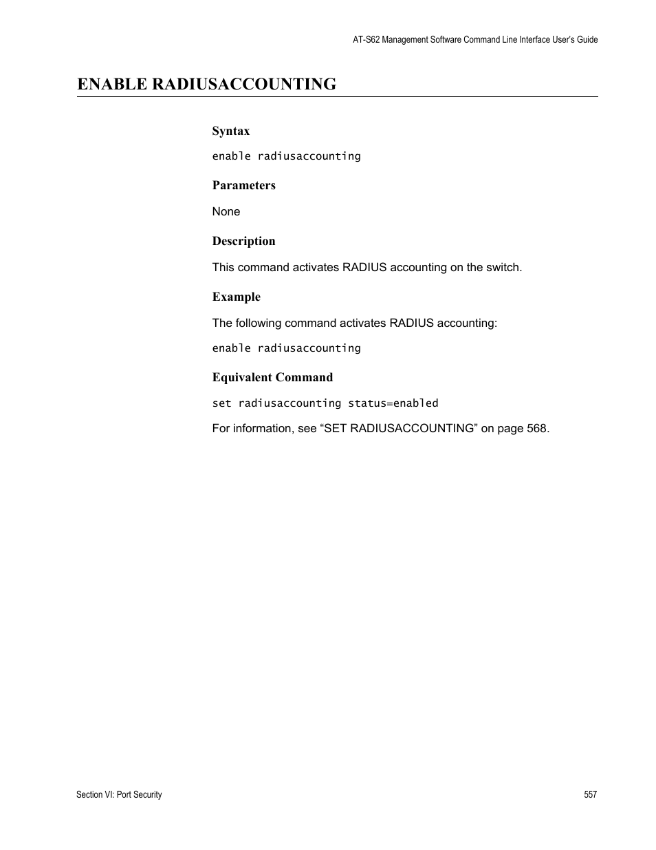 Enable radiusaccounting | Allied Telesis AT-S62 User Manual | Page 557 / 656