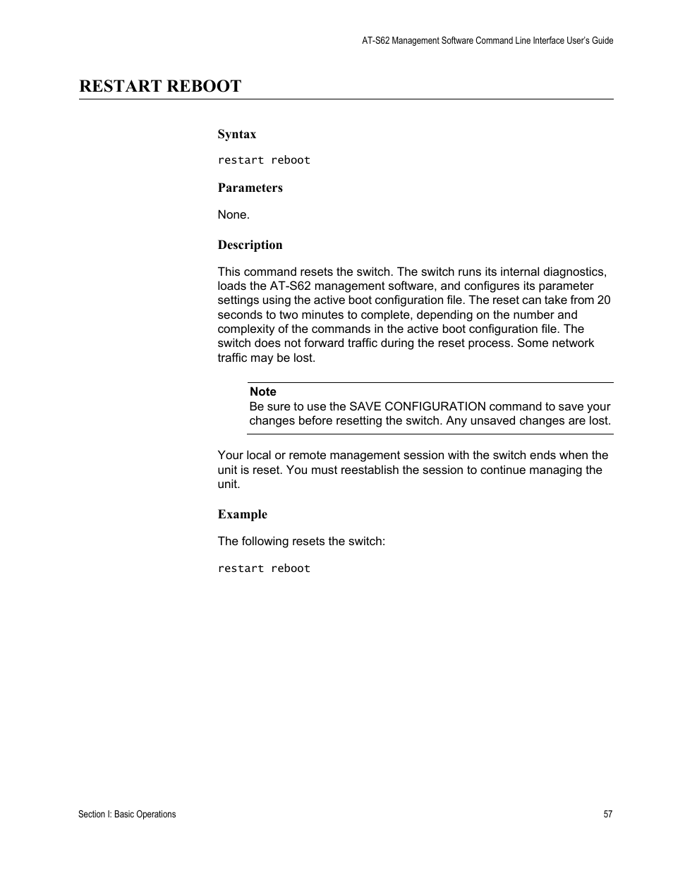 Restart reboot | Allied Telesis AT-S62 User Manual | Page 57 / 656