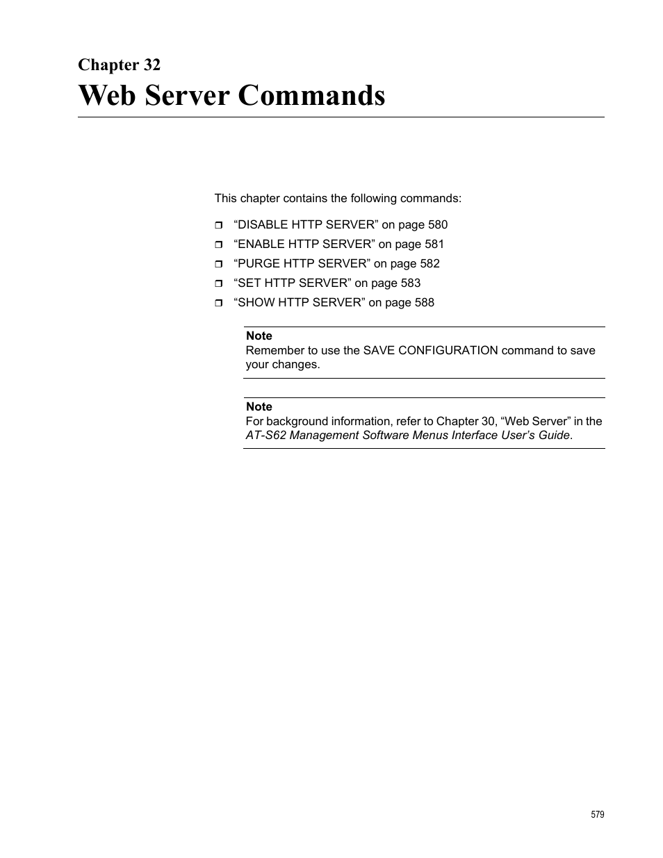 Chapter 32, Web server commands, Chapter 32: web server commands | Allied Telesis AT-S62 User Manual | Page 579 / 656