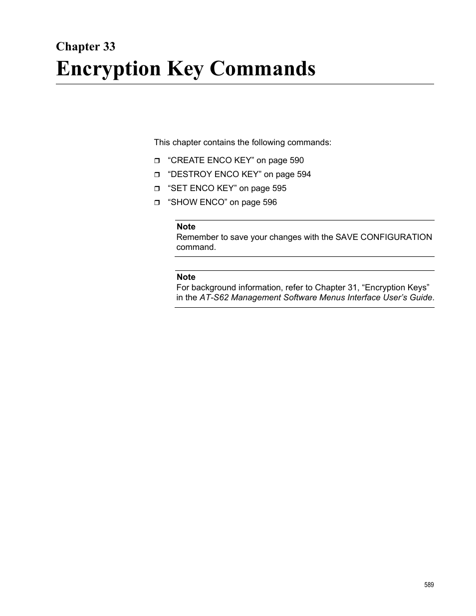 Chapter 33, Encryption key commands | Allied Telesis AT-S62 User Manual | Page 589 / 656