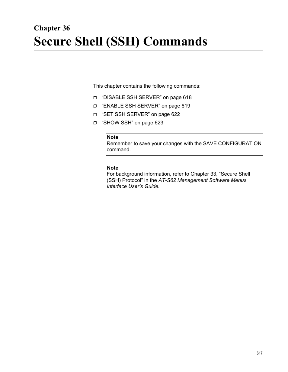 Chapter 36, Secure shell (ssh) commands | Allied Telesis AT-S62 User Manual | Page 617 / 656