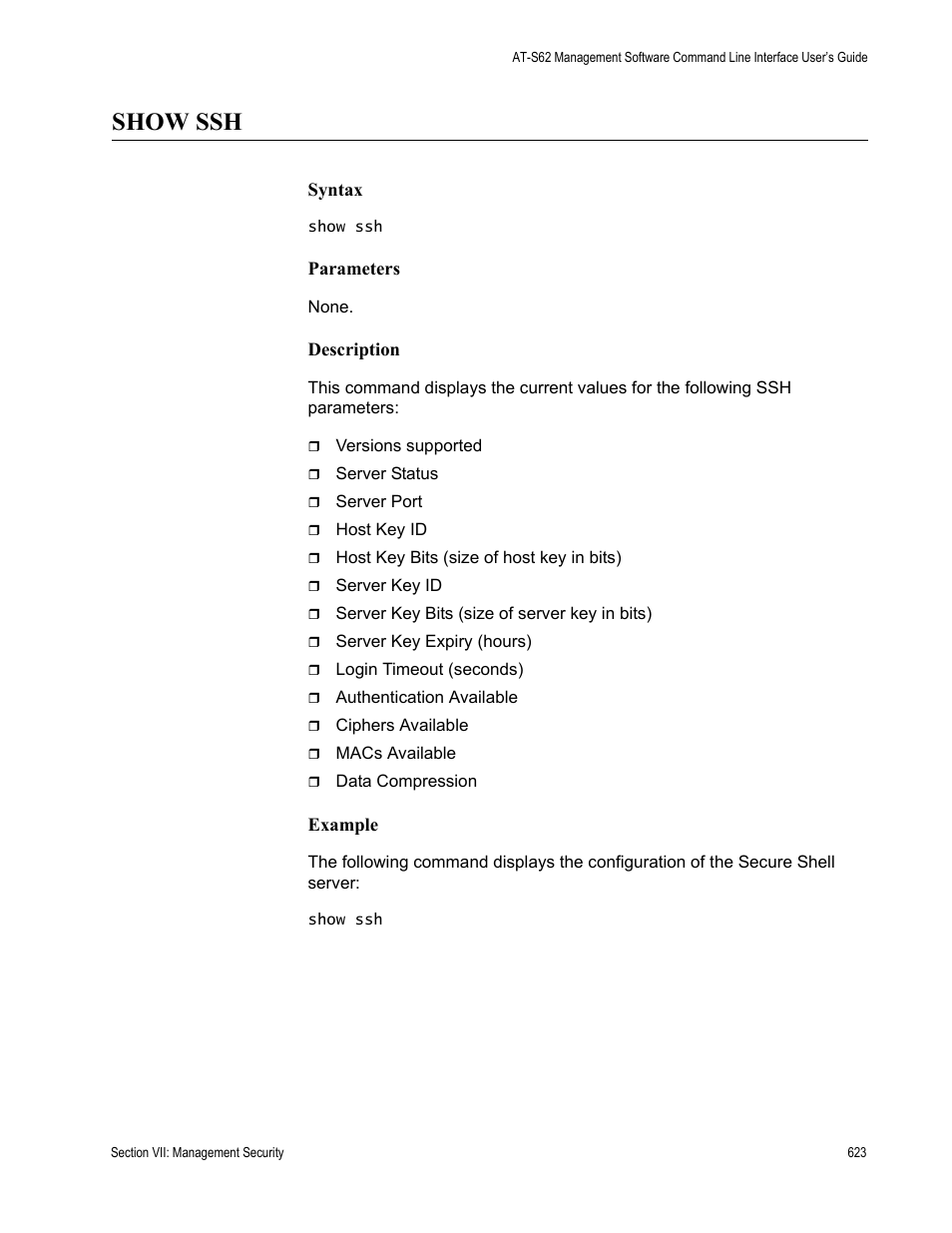 Show ssh | Allied Telesis AT-S62 User Manual | Page 623 / 656