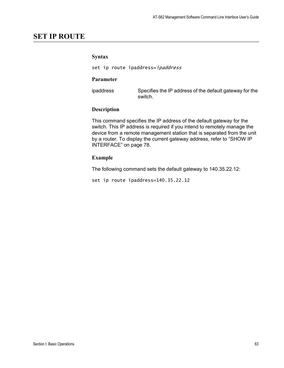 Set ip route | Allied Telesis AT-S62 User Manual | Page 63 / 656