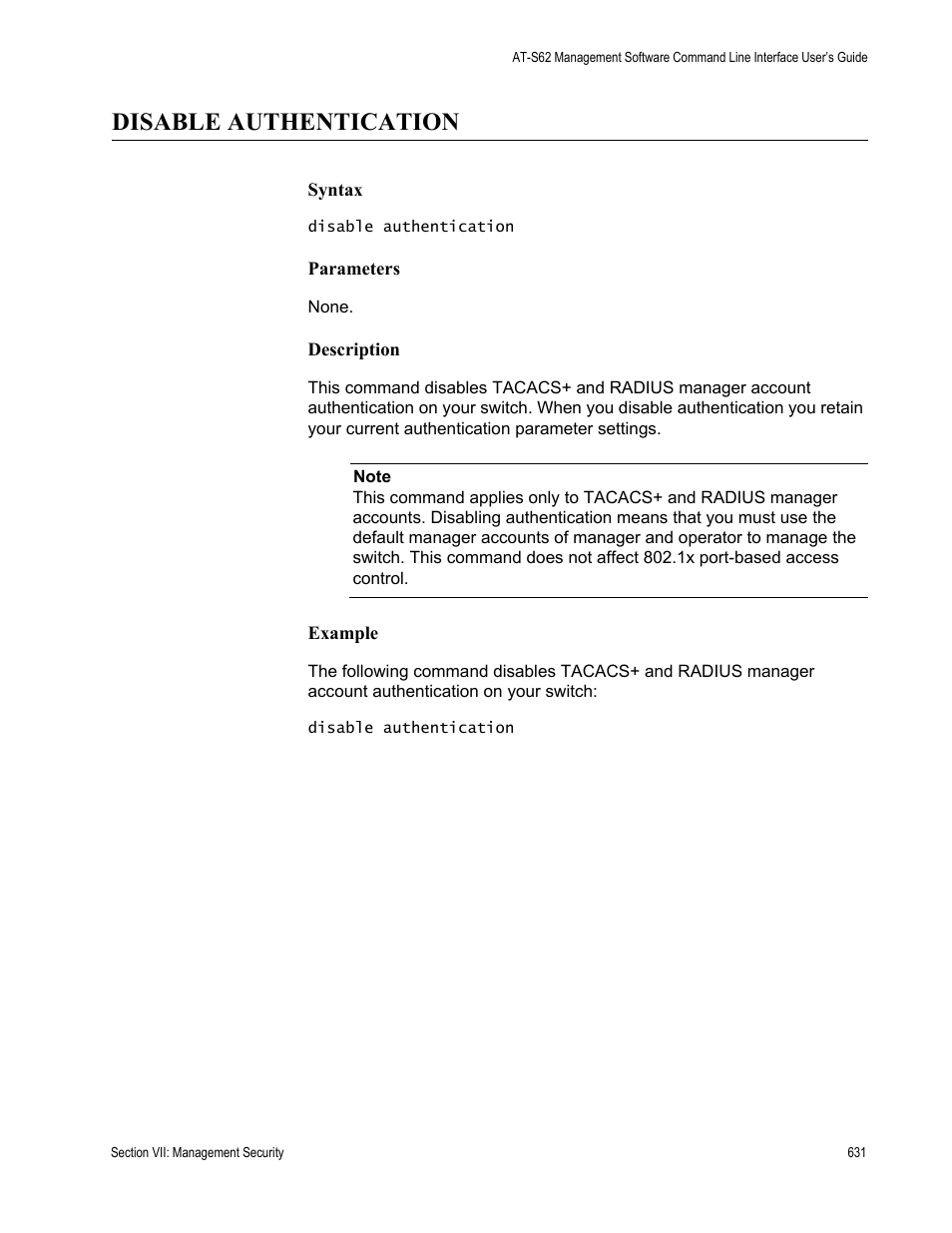 Disable authentication | Allied Telesis AT-S62 User Manual | Page 631 / 656