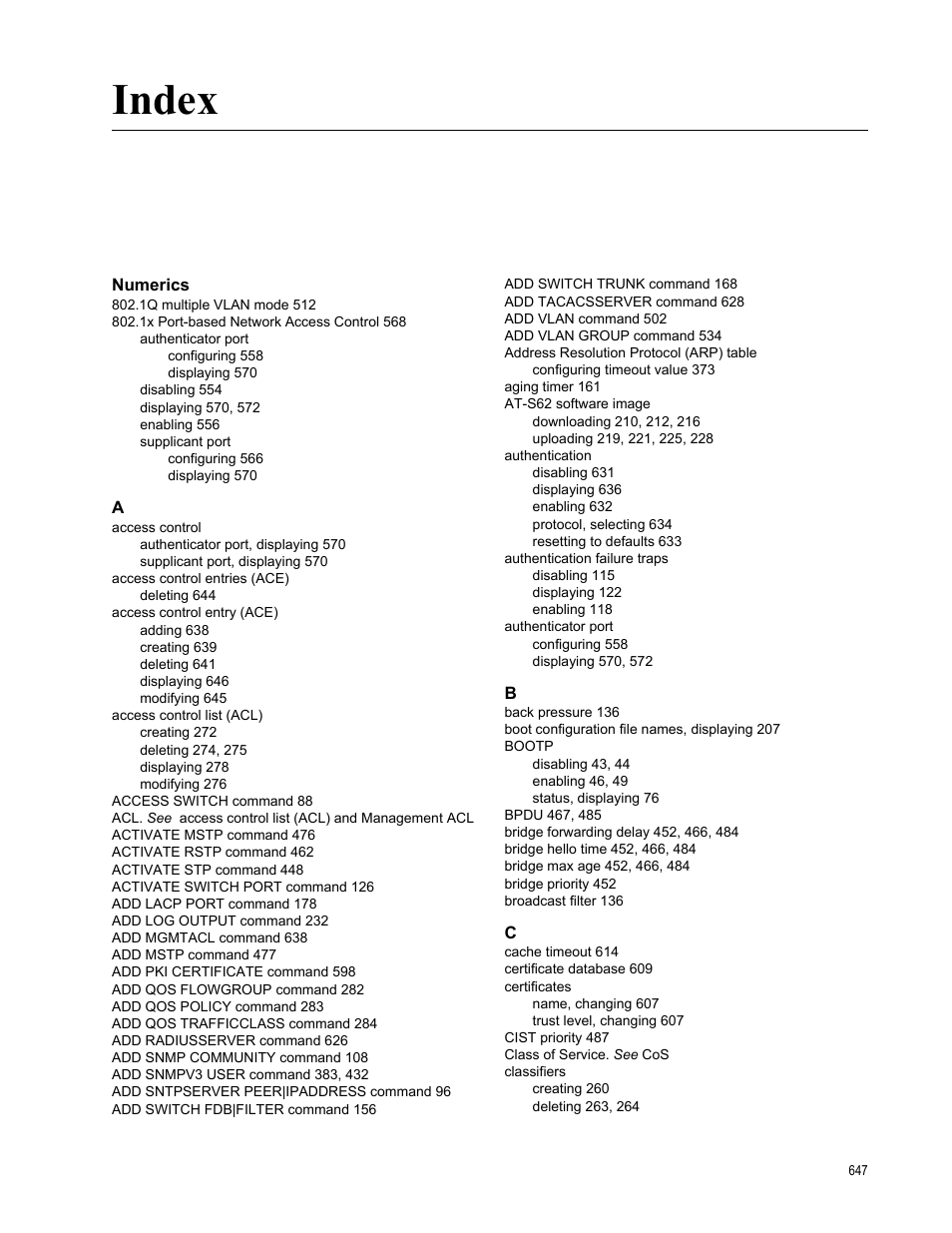 Index, Numerics | Allied Telesis AT-S62 User Manual | Page 647 / 656