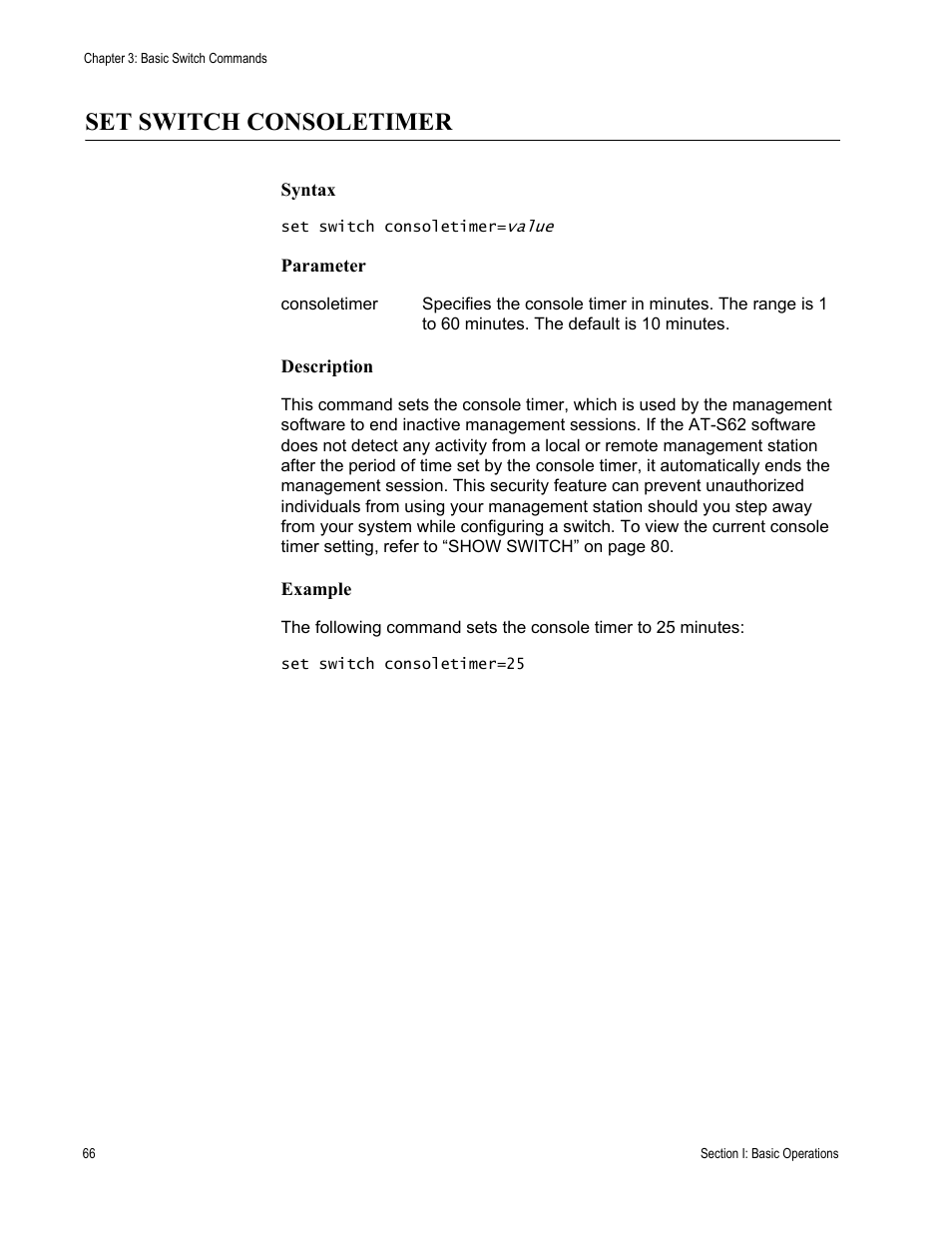 Set switch consoletimer | Allied Telesis AT-S62 User Manual | Page 66 / 656