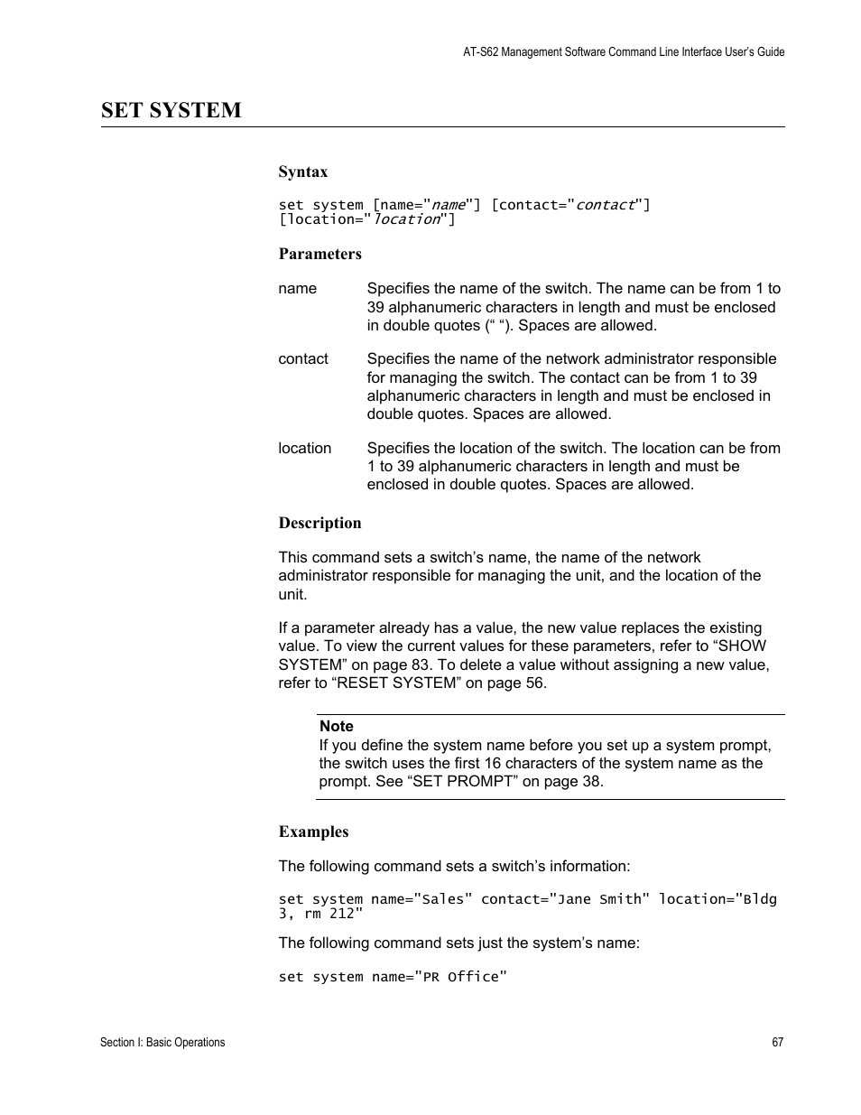 Set system | Allied Telesis AT-S62 User Manual | Page 67 / 656