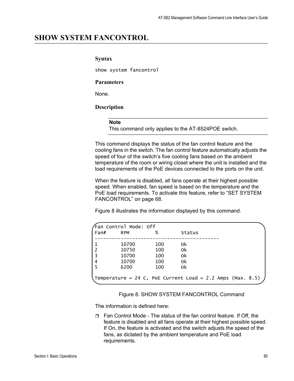 Show system fancontrol | Allied Telesis AT-S62 User Manual | Page 85 / 656