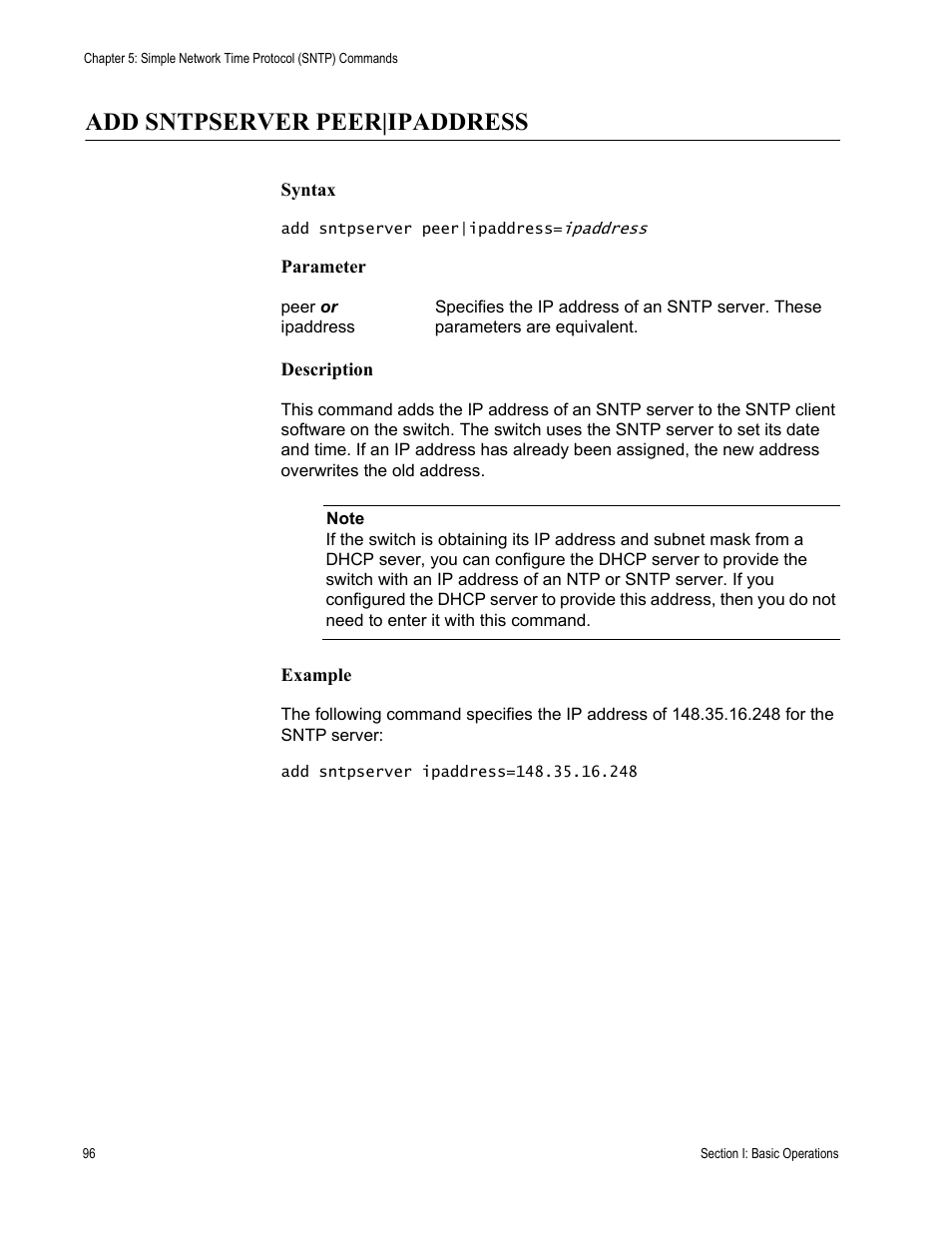 Add sntpserver peer|ipaddress | Allied Telesis AT-S62 User Manual | Page 96 / 656