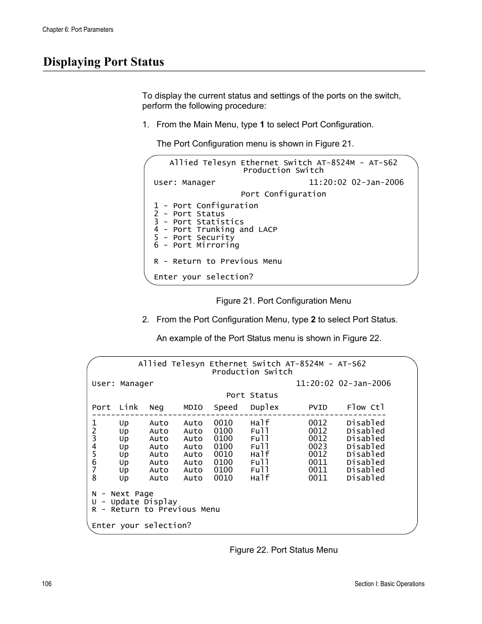 Displaying port status | Allied Telesis AT-S62 User Manual | Page 106 / 822