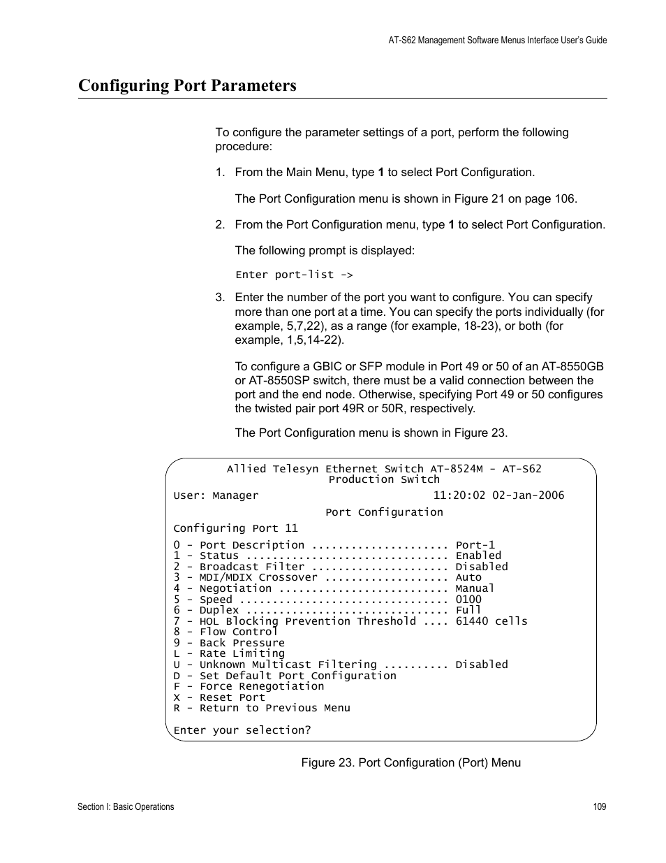 Configuring port parameters, Figure 23: port configuration (port) menu | Allied Telesis AT-S62 User Manual | Page 109 / 822