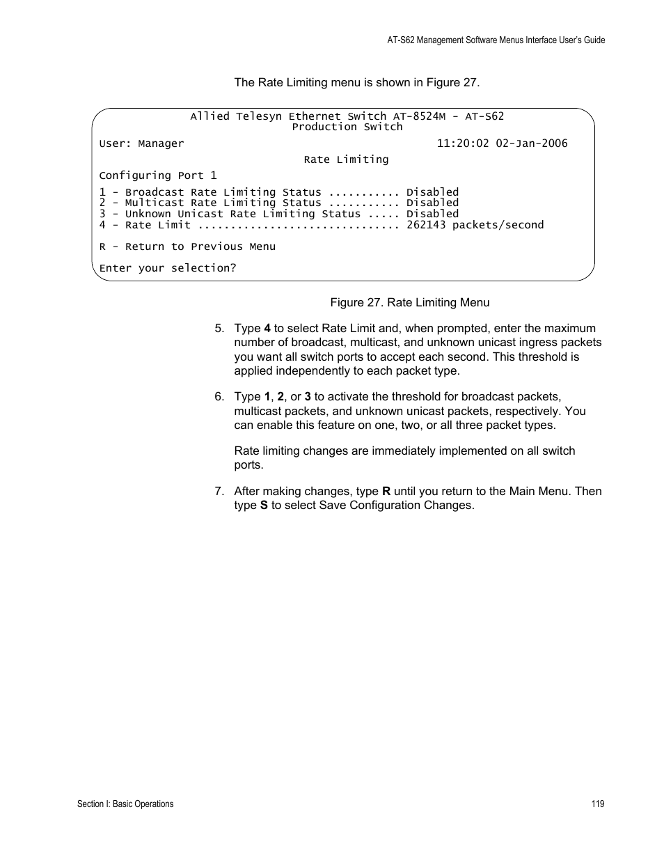 Figure 27: rate limiting menu | Allied Telesis AT-S62 User Manual | Page 119 / 822