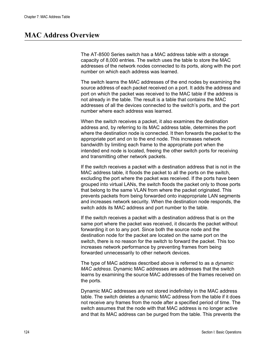 Mac address overview | Allied Telesis AT-S62 User Manual | Page 124 / 822