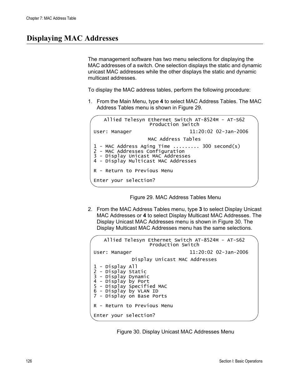Displaying mac addresses | Allied Telesis AT-S62 User Manual | Page 126 / 822