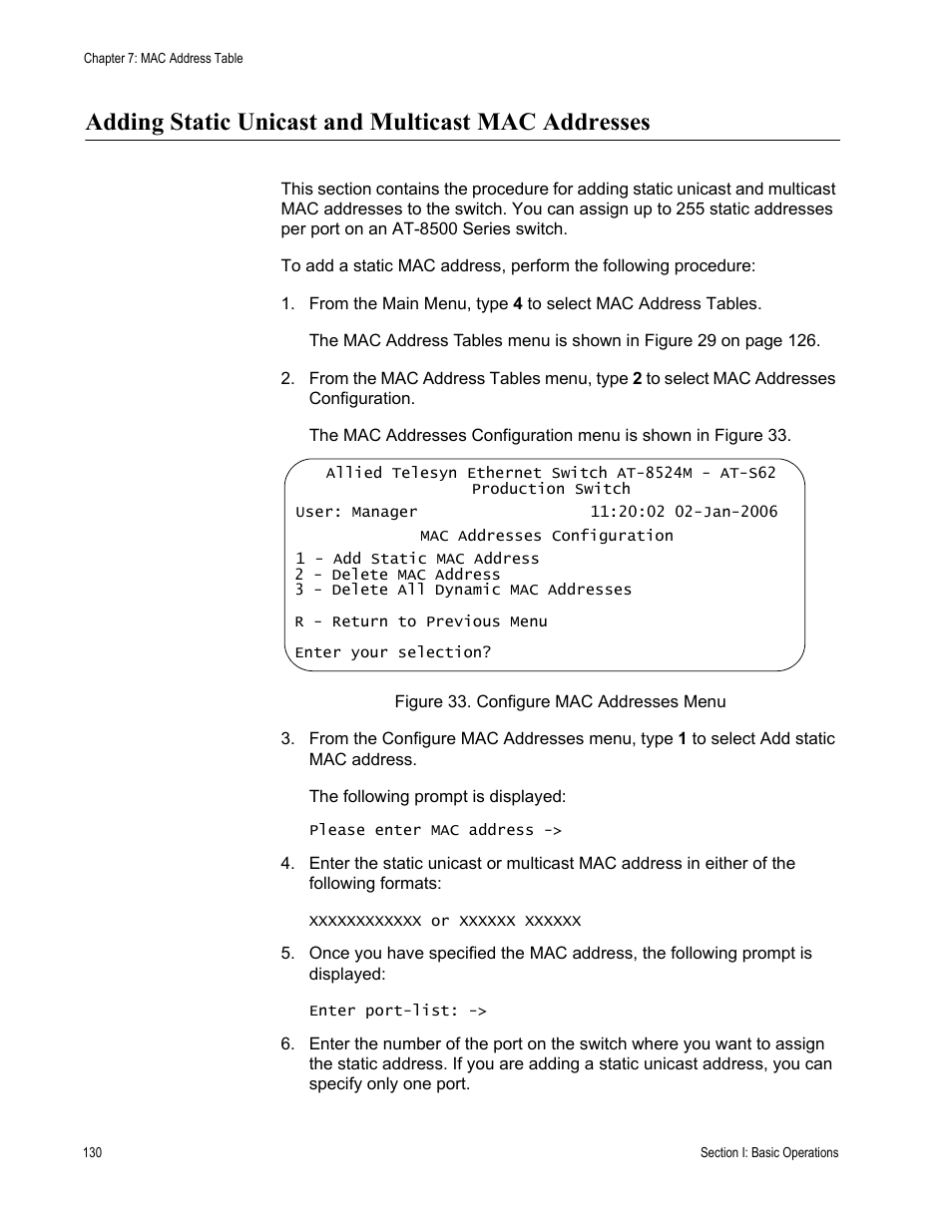 Adding static unicast and multicast mac addresses, Figure 33: configure mac addresses menu | Allied Telesis AT-S62 User Manual | Page 130 / 822