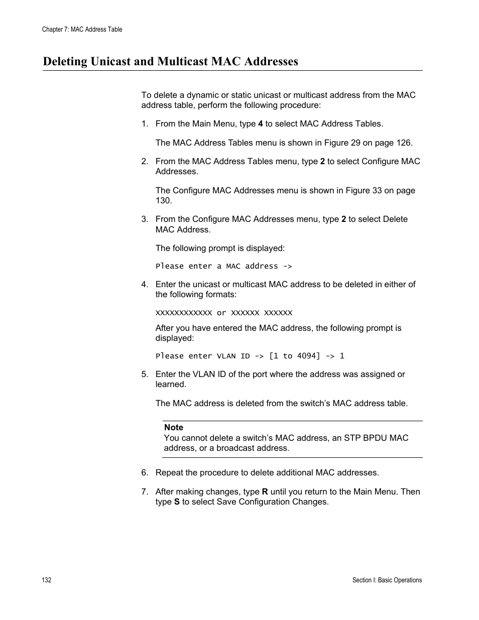 Deleting unicast and multicast mac addresses | Allied Telesis AT-S62 User Manual | Page 132 / 822