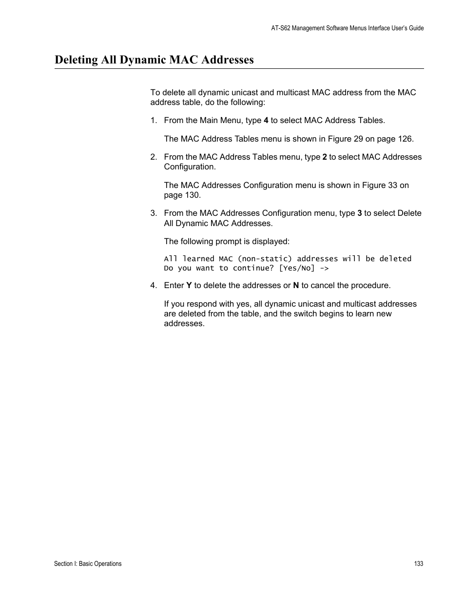 Deleting all dynamic mac addresses | Allied Telesis AT-S62 User Manual | Page 133 / 822